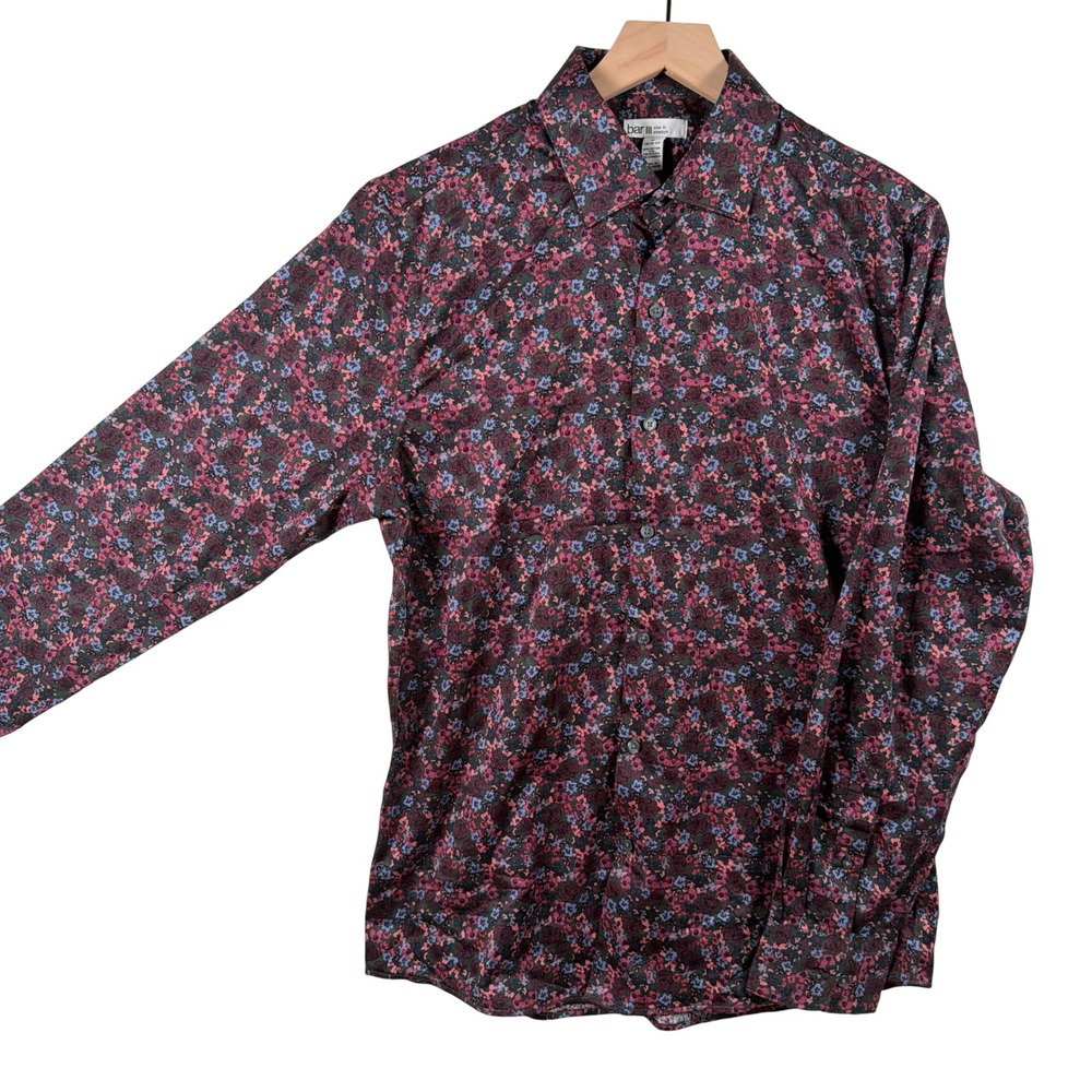 Bar III Slim Fit Stretch Shirt Men M 15-15.5 Floral Burgundy Blue Long Sleeve